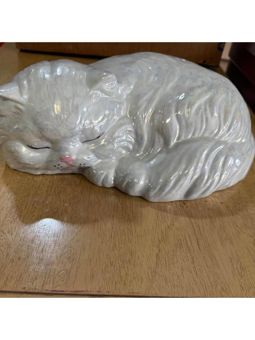 Vintage ceramic white Sleeping Cat Figurine